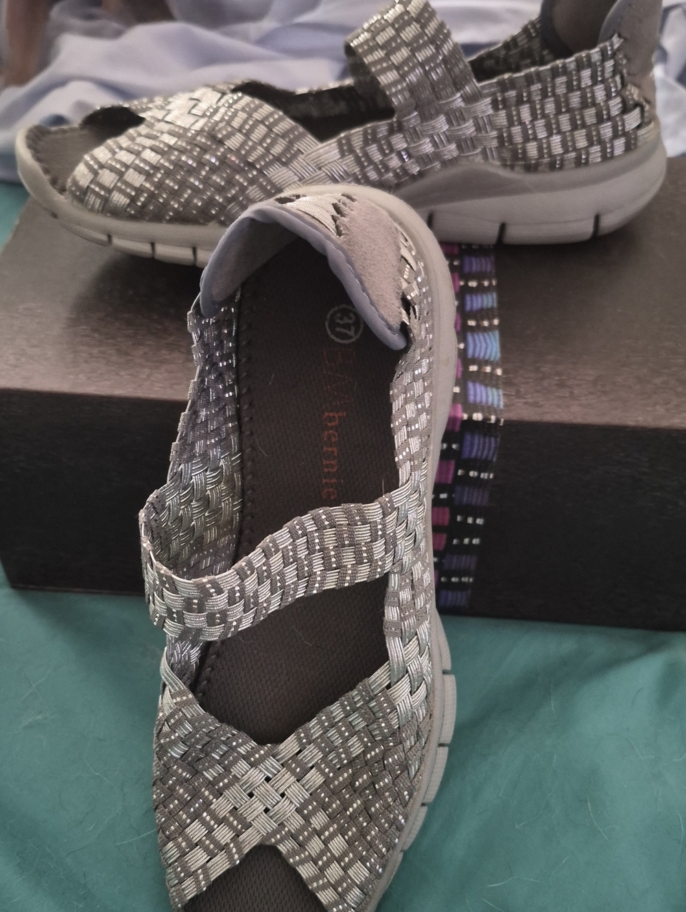 bernie mev. Metallic Silver Woven Stretch Sandals